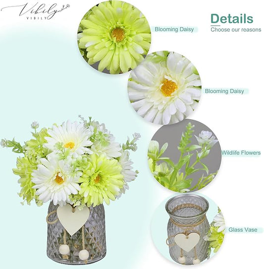 Artificial Daisy Flowers Vases for Table Centerpiece Decor, Lifelike Fake Silk Spring Flowers, Perfectly Mimics Real Daisy and Spring Blooms (Green & White with Glass Vase)