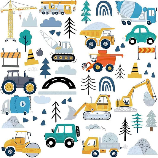 Construction Vehicles Wall Decals - 90Pcs (6 Sheets) Peel & Stick Removable Wall Stickers for Boys Room, Nursery, Playroom - Trucks, Excavator, Crane Theme Boho Kids Bedroom Decor, Easy DIY