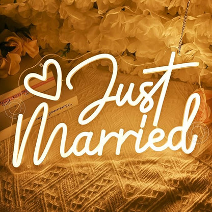 SYLHOME Just Married Led Neon Light Sign Heart Wedding Bridal Shower Backdrop Bedroom Wall Sign Decor Engagement Proposal Party Light Up Sign 15.75" X 9.25" USB