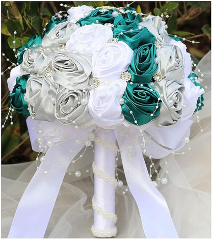 Bridal Wedding Bouquet Round Bling Brooch Bouquet Throw Toss Artificial Rose Flower Bunch for Bride Bridesmaid Wedding Quinceanera(Dark Green, Silver & White, 7.5")