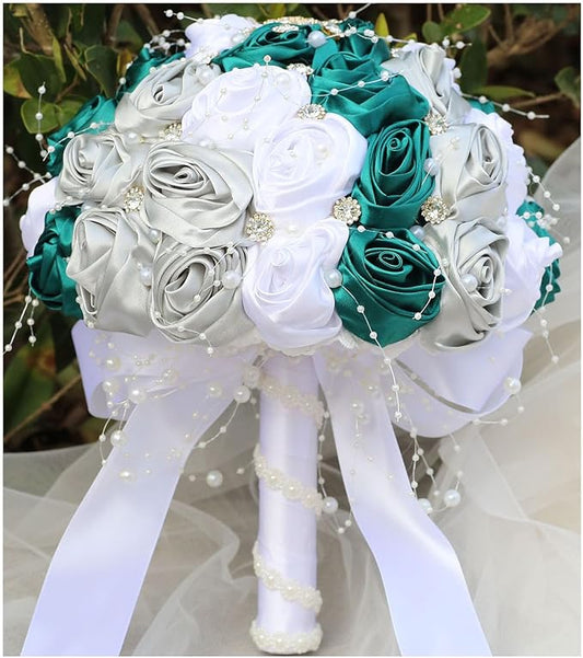 Bridal Wedding Bouquet Round Bling Brooch Bouquet Throw Toss Artificial Rose Flower Bunch for Bride Bridesmaid Wedding Quinceanera(Dark Green, Silver & White, 7.5")