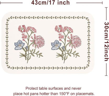 ISAENNE French Cottage Floral Rectangle PVC Placemats Set of 6, Waterproof and Heat-Resistant Place Mats.Decoration for Kitchen, Dinning, Parties, Holiday,12"*17"