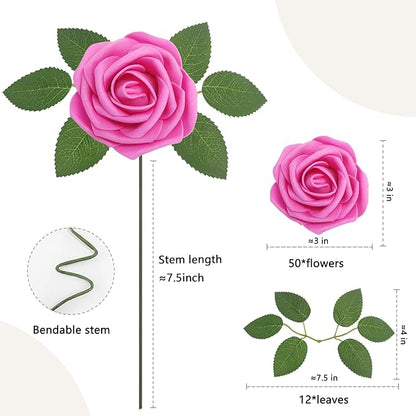 50Pcs Hot Pink Artificial Flowers Roses Real Looking Foam Fake Roses with Leaves and for DIY Wedding Bouquets Bridal Shower Centerpieces Party Decorations (Hot Pink, 50)
