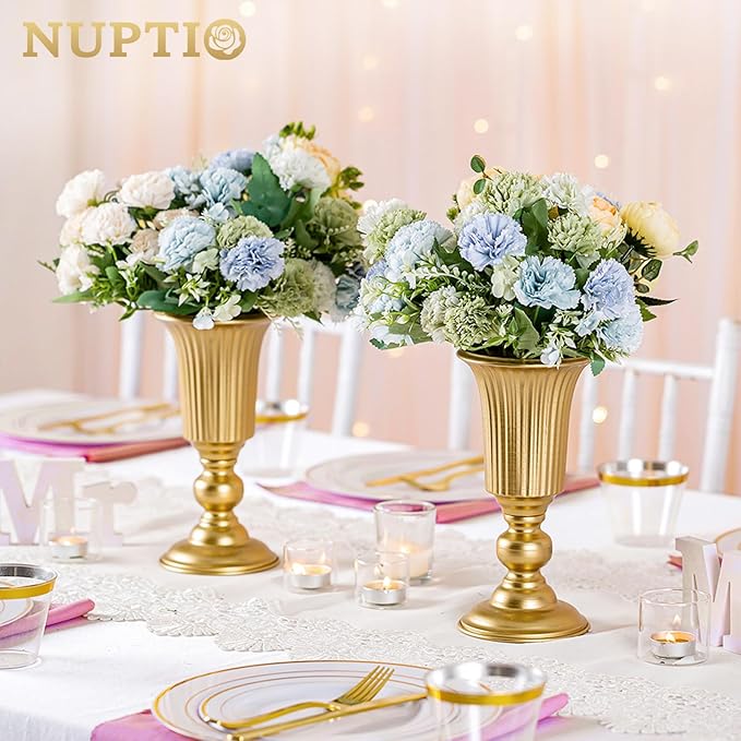 Nuptio Pcs of 10 Flowered Metal Trumpet Vase Elegant Wedding Centerpieces Vase for Party Decoration, 23.2cm/9.13" Tall Artificial Flower Arrangements for Anniversary Ceremony