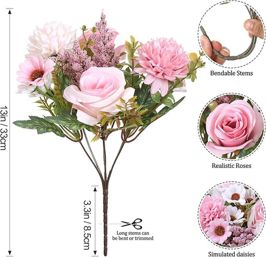 Dremisland Artificial Flowers Like Real Artificial Bouquet 2 Packs Silk Artificial Roses Bouquet with Daisy Chrysanthemum Pink Flowers for Centerpiece Table Wedding Party Home Decor