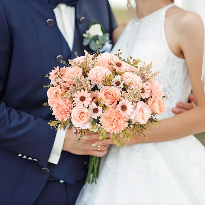 Dremisland Artificial Flowers Like Real Artificial Bouquet 2 Packs Silk Artificial Roses Bouquet with Daisy Chrysanthemum Champagne Flowers for Centerpiece Table Wedding Party Home Decor