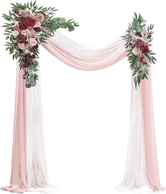 Floroom Arch Flowers with Drapes Kit (Pack of 4) - 2pcs Artificial Marsala & Champagne Floral Swag Arrangement with 2pcs Draping Fabric for Wedding Ceremony Arbor and Reception Backdrop Decoration
