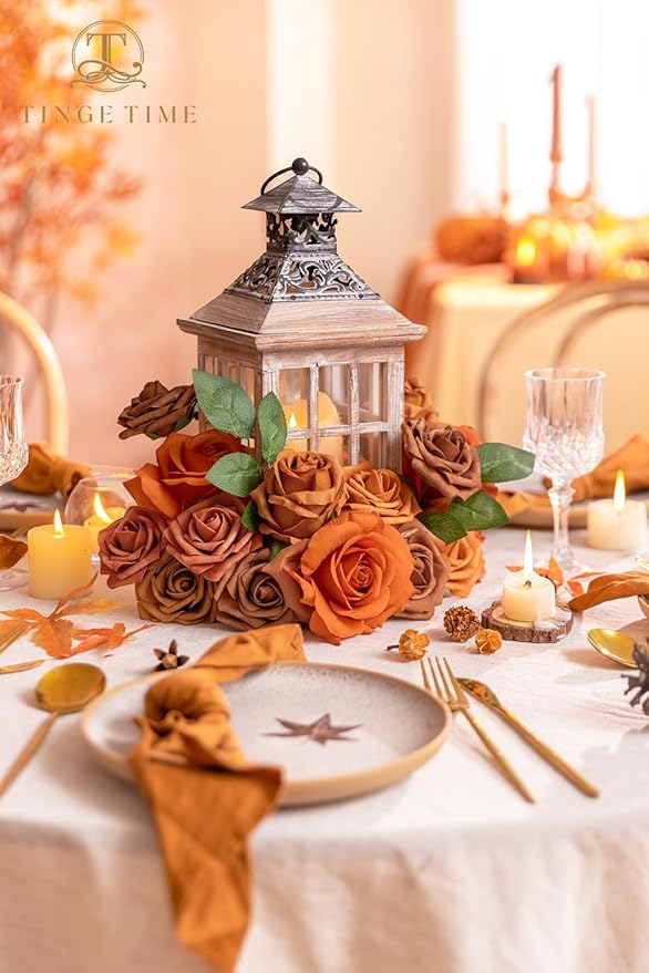 TINGE TIME Artificial Flowers 24pcs Real Looking Silk Flowers Fake Rose with Stems for DIY Wedding Bouquets Burnt Orange Bridal Shower Centerpieces Party Decorations (Maple Red A)