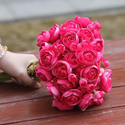 24 Pcs Ranunculus Artificial Flowers 10.5", Mini Faux Silk Ranunculus with Stem, Fake Flowers for Home Decor Indoor Wedding Bouquets Centerpieces (Hot Pink)