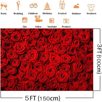Avezano Valentine's Day Backdrop Rose Flower Wall Photo Background Red Rose Wedding Bridal Shower Photography Backdrop Mother's Day Birthday Party Dessert Table Banner (5x3ft)