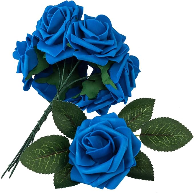 Artificial Flowers Roses 50pcs Blue Roses Wedding Decoration Real Looking Fake Roses w/Stem for DIY Wedding Bouquets Centerpieces Arrangements Party Baby Showers Home Decorations (Royal Blue, 50 pcs)