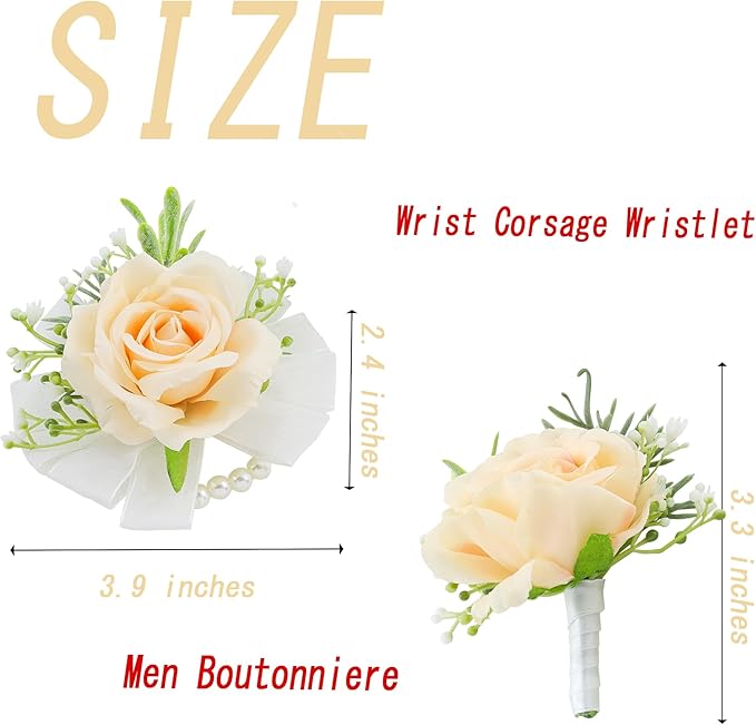 SITUMEIZI 2Pcs Champagne Corsage and Boutonniere Set,Corsage Wristlet for Prom Decor,Boutonniere for Men Wedding Flowers Accessories Party Suit Decoration