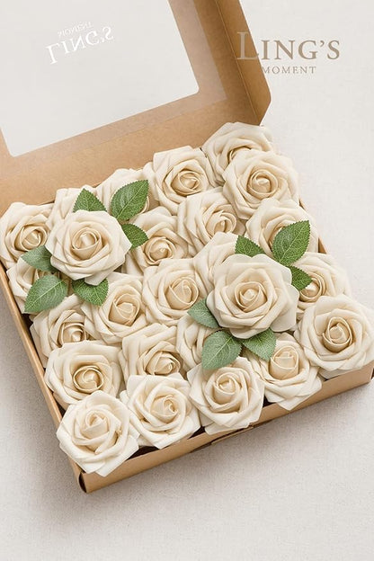 Ling's moment Artificial Flowers 25Pcs Tawny Beige Roses Decor w/Stems,3" Real Touch DIY Foam Floral for Wedding Bouquet/Centerpieces, Outdoors Party Backdrop, Room/Table, and Garden/Pot Decorations