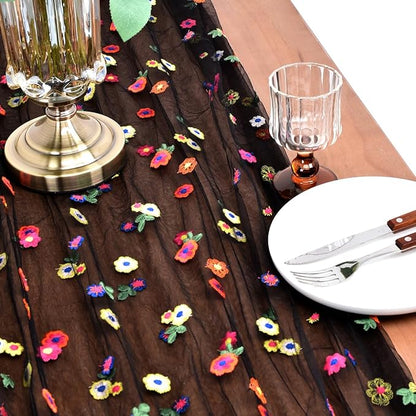 Joanlody Black Embroidery Daisy Christmas Table Runner 10ft Florals Seasonal Tulle Table Runner Holiday Kitchen Dining Table Decoration for Home Party Indoor