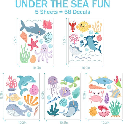 AOWDIAO 58 Pcs Ocean Animals Wall Decals - Peel and Stick Under The Sea Kids’ Room & Nursery Decor