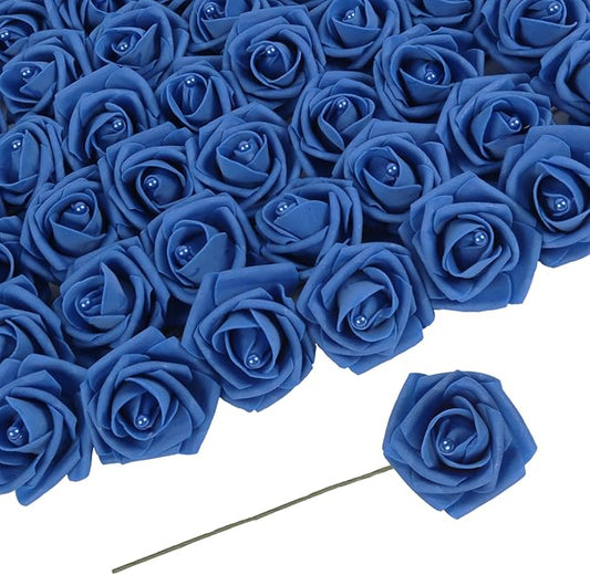50PCS Foam Roses with Pearls 2.56in Royal Blue Roses Artificial Flowers Bulk Foam Flowers with Stem for Wedding, Bridal Shower, Cake, Graduation and Home Decor(Royal Blue)