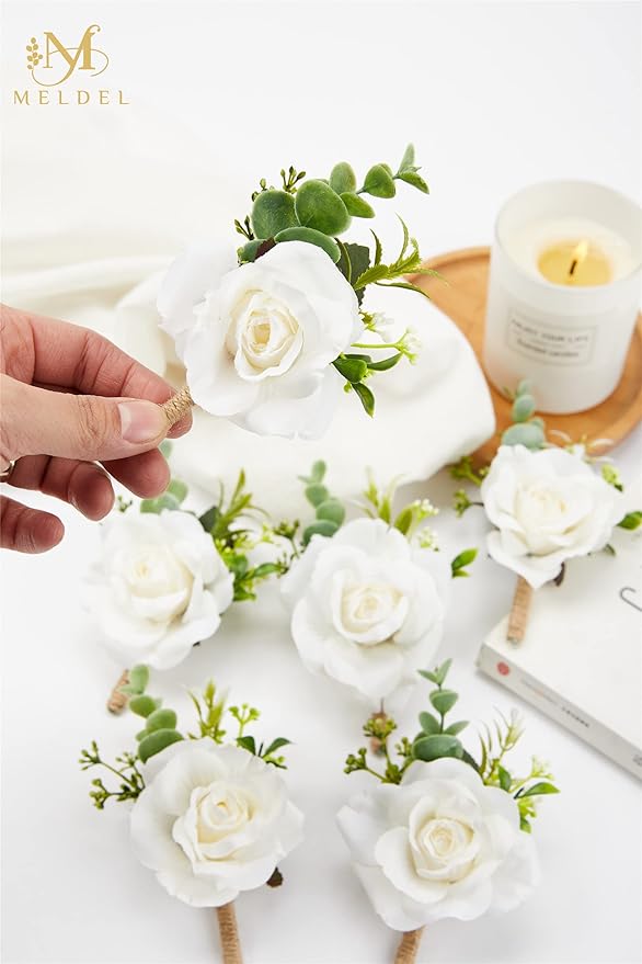 Meldel Ivory White Rose Boutonnieres for Men Wedding, Set of 2, Artificial Corsage for Prom, Groom and Groomsmen Boutonniere for Ceremony, Formal Dinner Party, Fall Rustic Wedding, Homecoming