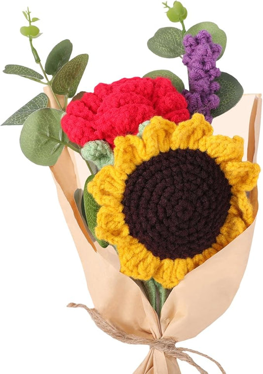 Breling Crochet Flower Bouquet Handmade Crochet Sunflowers Gift Lavender Rose Knitted Eternal Artificial Flowers for Wife Women Valentine's Day Mother's Day Birthday Wedding Anniversary