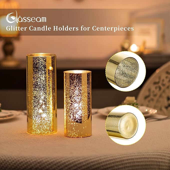 Glasseam Gold Cylinder Vases for Centerpieces: 12 Modern Mercury Hurricane Glass Vase Set for Flowers - Decorative Golden Pillar Candle Holders for Wedding Party Dining Room Table Decor