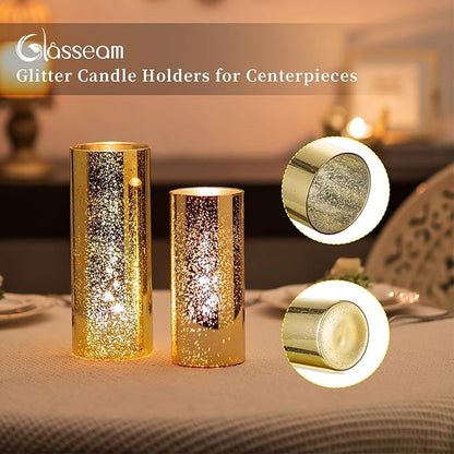 Glasseam Gold Cylinder Vases for Centerpieces: 12 Modern Mercury Hurricane Glass Vase Set for Flowers - Decorative Golden Pillar Candle Holders for Wedding Party Dining Room Table Decor