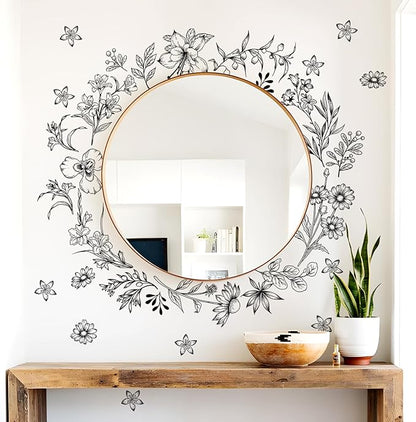 Tanlaby Sketch Black Flower Wall Decals, Garden Floral Wall Stickers Retro Wildflower Decal Peel and Stick Walll Art Decor for Bedroom Office Sofa TV Backdrop