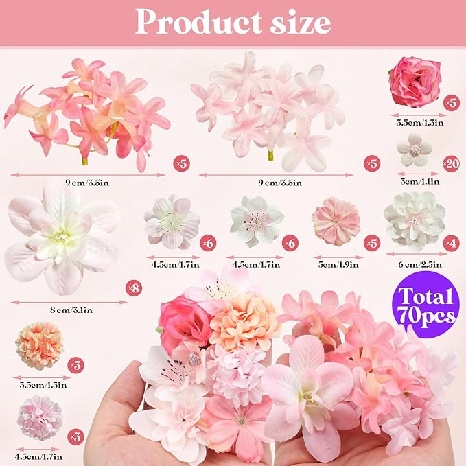 70 pcs Mini Artificial Flowers Heads Pink Silk Peony Daisy Rose Bulk Mix Flower Heads Faux Rose for Crafts Graduation Wedding Baby Shower DIY Home Party Decoration