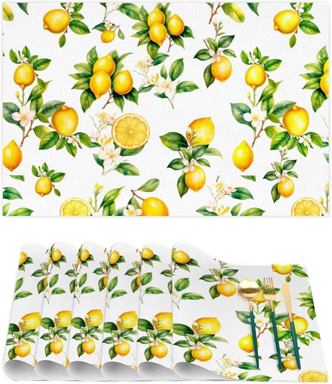 Lemon Tropical Summer Placemats Set of 4 PVC Vinyl Non Slip Table Mats Waterproof Heat Resistant Place Mats Washable Wipeable Dining Table Mat for Kitchen Party Indoor Outdoor Decorative