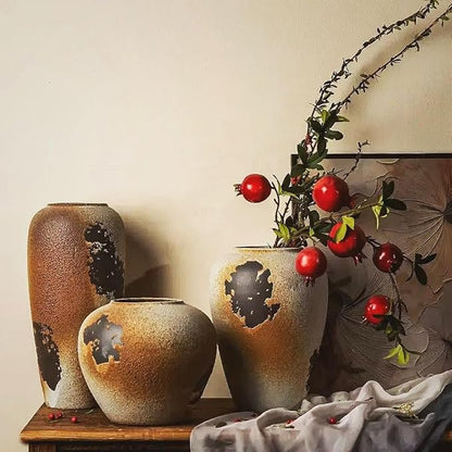 11" Large Handcrafted Ceramic Vase - Vintage Rustic Iron Glaze Pattern Farmhouse Flower Vase for Home Decor, Decorative Vase for Living Room Dining Table Fireplace Bookshelf Office