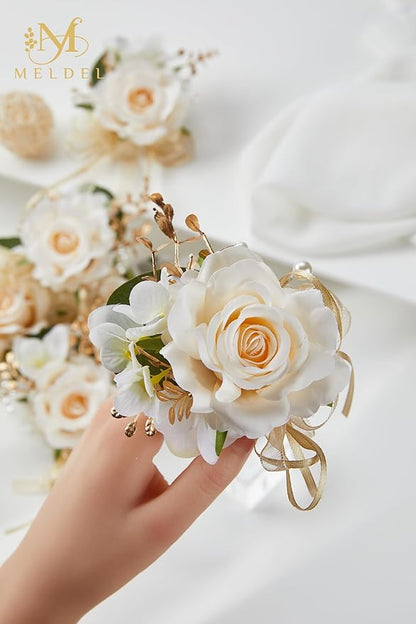 Meldel Champagne Corsage and Boutonniere Set,Boutonniere for Men,Groomsmen and Groom Boutonniere for Wedding,Rose Wrist Corsages Bracelets for Mother of Bride,Bridesmaids,Girls,Women,Prom,Homecoming