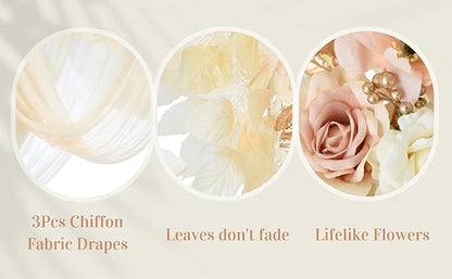 Ting's time Wedding Arch Flowers and Drape Kit (Set of 5) 2 Pcs Artificial Floral Swag Arrangement 3 Pcs Arch Draping Fabric for Wedding Ceremony Arbor and Reception(Beige)