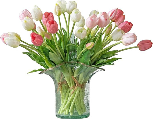 40pcs Artificial Tulips Flowers, Real Touch Latex Bouquet, Fake Tulips for Office Wedding Party Home Kitchen Garden Decoration(White Suit 40pcs)