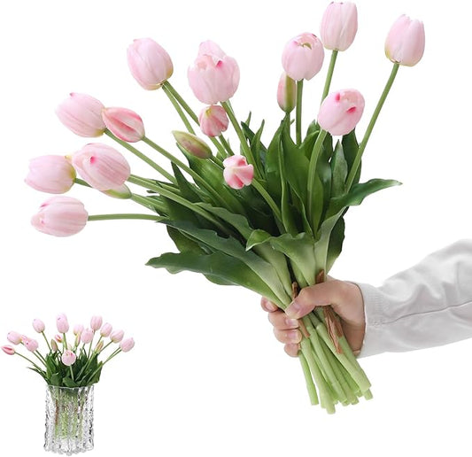 15PCS Artificial Tulips Real Touch Light Pink Faux Latex Flowers Lifelike Fake Tulip Bouquet Flowers Arrangements for Wedding Home Kitchen Garden Table Party Decoration