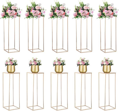 NUPTIO Metal Gold Vase Set for Wedding - 10 Pcs 31.5 inch Tall Cylinder & Square Vases for Centerpieces - Elegant Flower Stand for Party Tables Decorations
