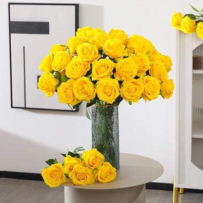 50PCS Artificial Silk Roses in Bulk & Bouquet Long Stem – Realistic Fake Roses for Wedding Centerpieces, Home Decor, Floral Arrangements, Party Decoration (Yellow)
