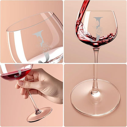 Personalized Gifts for Women, Monogrammed A-Z Wine Glass Customized Gift, Unique Christmas Birthday Gifts for Women Her Mom Friend Sister Wife Daughter Nurse (J)