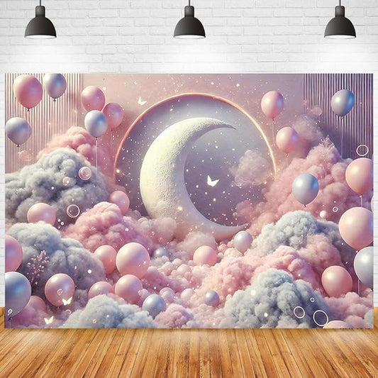 Dreamy Moon and Balloons Backdrop Pink Dreamy Balloon Moon Baby Birthday Decoration Kids Portrait Photo Backdrop Newborn Baby Photography Background (6x4feet)