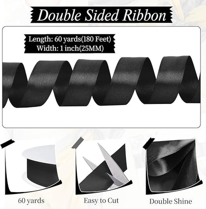 Black Ribbon 1 inch 60 Yards Double Faced Black Satin Ribbon for Halloween Christmas Decor Gift Wrapping Crafts Hair Bows Streamers Party Graduate Gift