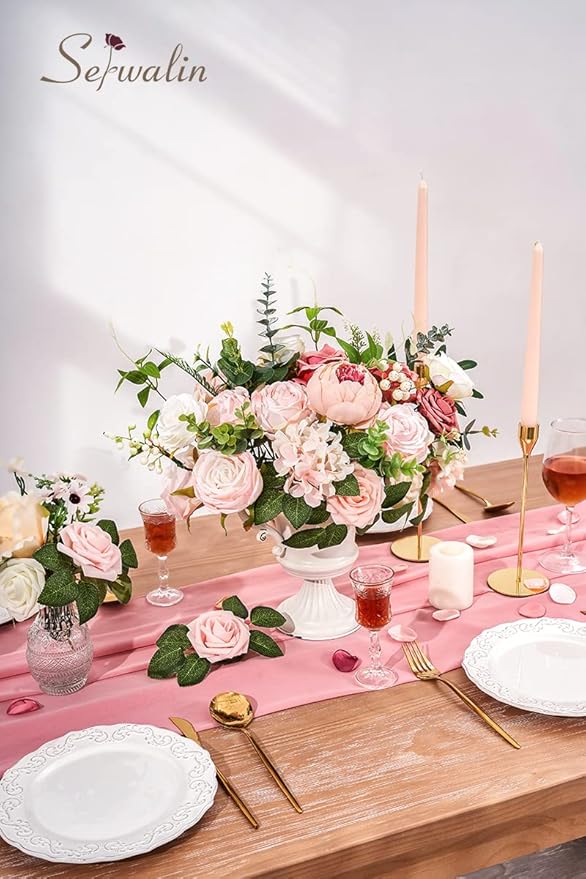 Serwalin 2PCS Artificial Flowers Pink Peonies Silk Flowers Fake Flowers Mixed Roses Combo Dusty Roses for DIY Wedding Bouquets Centerpieces Arrangements for Home Party Table Decor