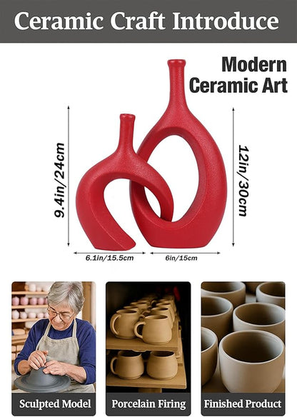 WUBIANJIE Red Ceramic Vase Set - Modern Boho Decor, Snuggle Design, Vases for Living Room, Bedroom, Coffee Table, Fireplace