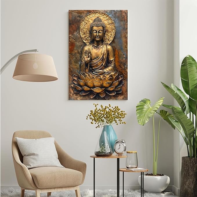 Buddha Wall Art Golden Buddha in Lotus Seat Serene spiritual statue radiant aura Meditation and mindfulness wall art suitable for sacred spaces 12x18in Frameless