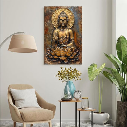Buddha Wall Art Golden Buddha in Lotus Seat Serene spiritual statue radiant aura Meditation and mindfulness wall art suitable for sacred spaces 16x24in Wood Framed