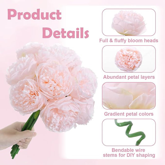 10PCS Pink Realistic Artificial Flowers Peony Fake Silk for Home Office Wedding Table Centerpieces Party Festival Bar Decoration Indoor