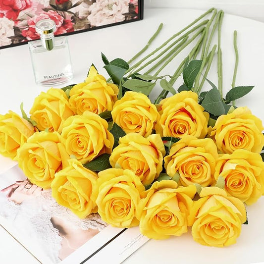 15Pcs Yellow Roses Artificial Flowers Fake Roses Long Stem Velet Rose Silk Flowers for Home Wedding Decoration (Round Rose,Yellow)