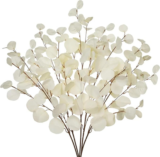 Cream White Eucalyptus Stems Fake Eucalyptu Leaves 34” Long Silver Dollar Leaves 5 Pcs Silk Eucalyptu Stems for DIY Bouquet Arrangements Centerpieces Shower Decorations-Artificial Eucalyptus Spray