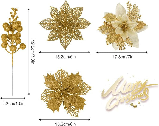 RECUTMS 66 Pcs 3 Styles Christmas Glitter Poinsettia Flowers Artificial Berry Picks Christmas Tree Ornaments Artificial Christmas Flowers with Clips for Xmas Wedding Wreath Floral Decorations (Gold)