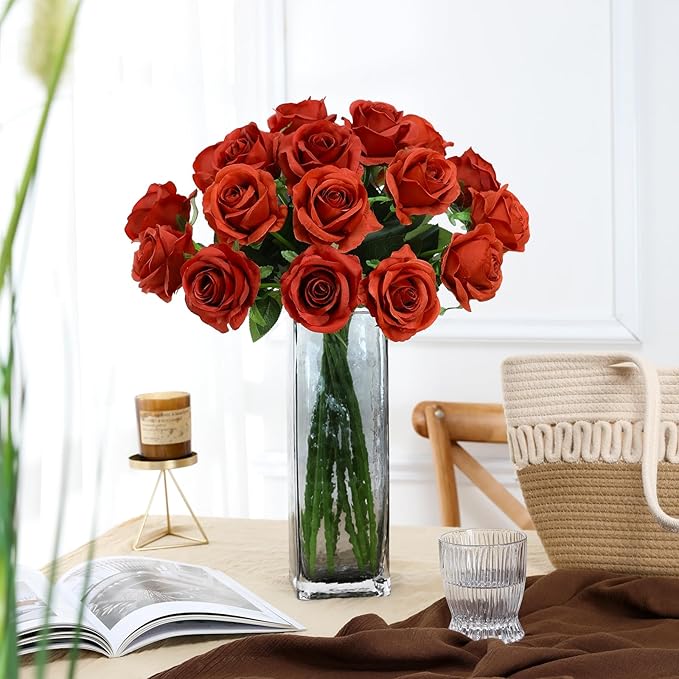 Nubry Artificial Burnt Orange Silk Rose Flower Bouquet Lifelike Fake Rose for Wedding Home Party Decoration Event Gift 10pcs (Burnt Orange)