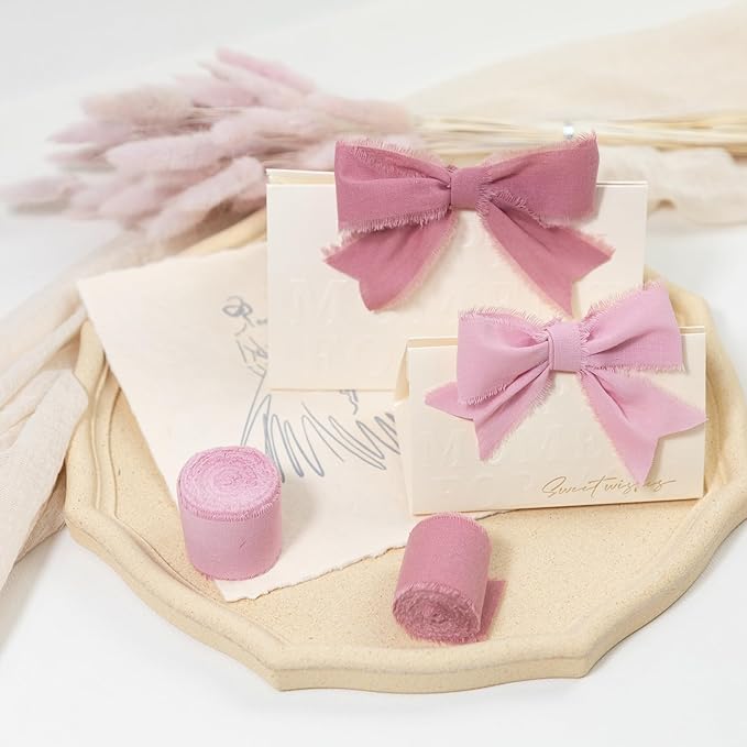 Dusty Rose Pink Ribbon 1-1/2 x 15 Yards Handmade Cotton Frayed Fringe Fabric Ribbons for Crafts Flower Bouquets Wedding Baby Shower Home DIY Decor