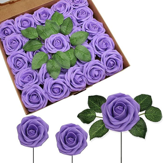 JOYLEX Artificial Flowers Realistic Roses, 50pcs Real Looking Fake Roses with Stem for DIY Wedding Bouquets Centerpieces Bridal Shower Party Home Romantic Decorations (50pcs, Purple)