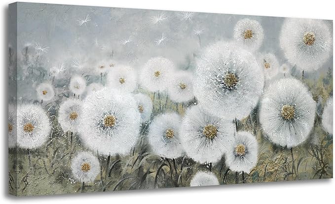Ardemy Flower Wall Art Canvas Dandelion Painting White Floral Picture, Textured Extra Large Framed for Living Room Bedroom Kitchen Dining Room Home Office Decor 58"x29"