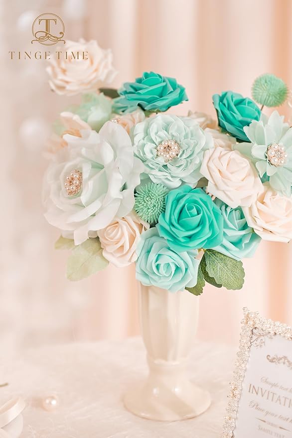 TINGE TIME Artificial Flowers Combo Mix Silk Flowers Teal Green Roses w/stem for DIY Wedding Bridal Bouquets Baby Shower Floral Arrangement Table Centerpieces Home Decorations (TealGreen&Champagne)